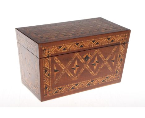 19th Century marquetry caddy, having profuse decoration enclosing two compartments and blending bowl, 27cm across.