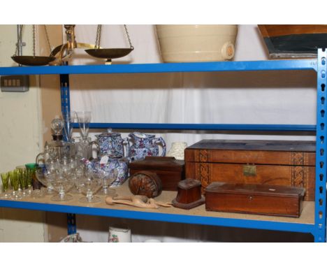 Set of brass Avery Balance scales, Victorian inlaid walnut writing box, rosewood tea caddy, Ringtons Chintz teapot and two ju