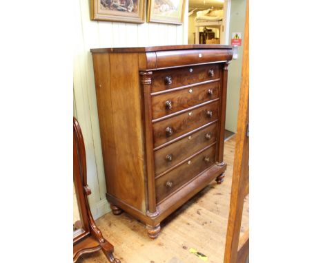 Victorian mahogany Scotch chest of six drawers on turned feet, 155cm by 125cm by 59cm.