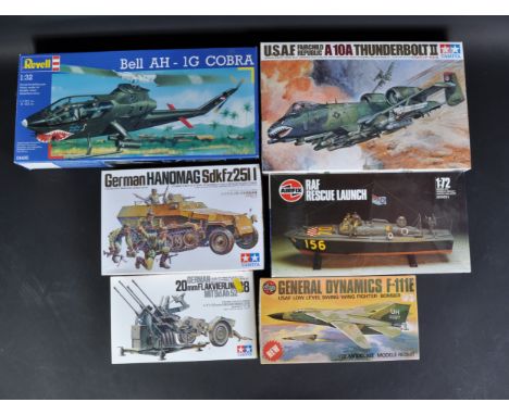 A collection of assorted plastic Military themed model kits of various scales and makers to include; Tamiya 1/35 scale German