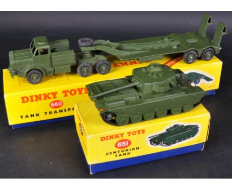 Two original vintage Dinky Toys boxed diecast Military interest vehicles comprising; 660 Tank Transporter and 651 Centurion T