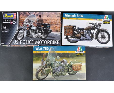 Three plastic model kits of Motorcycle interest by makers Revell and Italeri to include; Revell 07915 1/9 scale US Police Mot