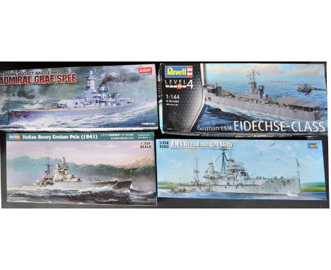 A collection of x4 assorted plastic model kits comprising; Hobby Boss 86502 1/350 scale Italian Heavy Cruiser Pola and 14103 