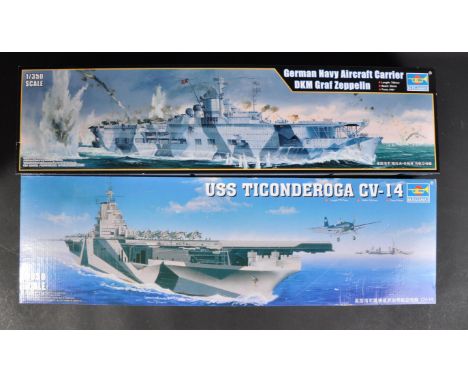 Two Trumpeter made 1/350 scale plastic model kits comprising models No. 05609 USS Ticonderoga CV-14 and 05627 German Navy Air