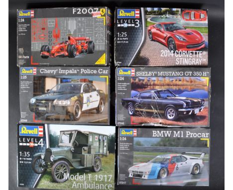 A collection of x6 assorted Revell plastic model kits to include; 07247 1/24 scale BMW M1 Procar, 07242 1/24 scale Shelby Mus