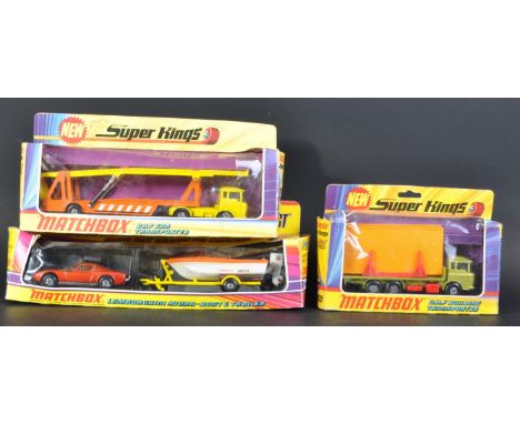 A collection of x3 vintage 1970s Matchbox Super Kings boxed diecast models comprising; K-29 Lamborghini Miura Boat and Traile