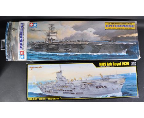 Two 1/350 scale plastic model kits of shipping interest comprising; Tamiya 78007 US Aircraft Carrier CVN65 Enterprise and Mer