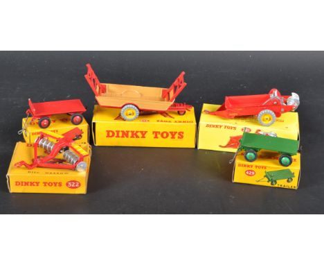 A collection of vintage Dinky Toys diecast farming equipment models comprising; 429 Trailer (x2), 322 Disc Harrow, 320 Harves