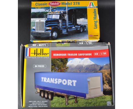 Two 1/24 scale plastic model kits of haulage and transport interest comprising; Italeri No. 3857 Peterbilt Long Hauler and He