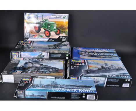 A collection of assorted scale Revell plastic model kits to include; 05149 1/720 scale HMS Arc Royal, 07821 Deutz D30 Tractor