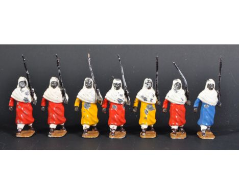 Original vintage Britains made lead toy soldiers set No. 187 - Bedouin Arabs on foot. The seven piece set having Arabs in red
