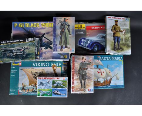 A large collection of assorted plastic model kits of various scales and makers to include; Revell 1/48 scale P-61 Black Widow