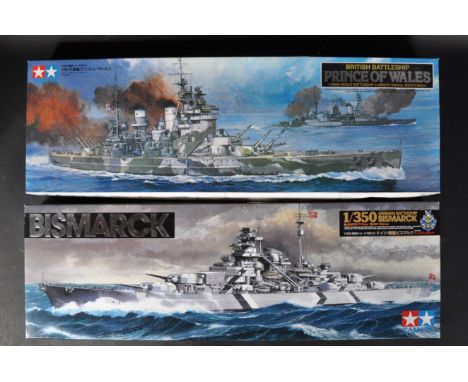 Two Tamiya made 1/350 scale plastic model kits comprising; 78011 Prince of Wales Battle Ship and 78013 German Battleship Bism