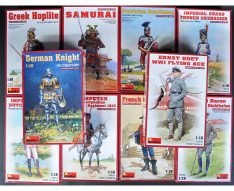 A collection of x10 assorted 1/16 scale Miniart ' Historical Figures Series ' plastic model kits. The kits comprising model s