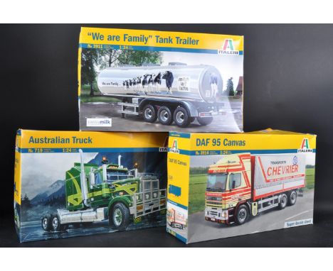 A collection of x3 Italeri 1/24 scale plastic model kits comprising models No. 719 Australian Truck, 3914 DAF 95 Canvas and 3