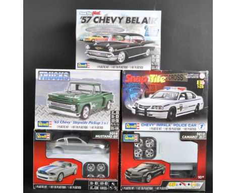 A collection of x5 assorted 1/25 scale Revell plastic model kits to include; 85-7210 Chevy Stepside Pickup, 85-1529 Chevy Bel