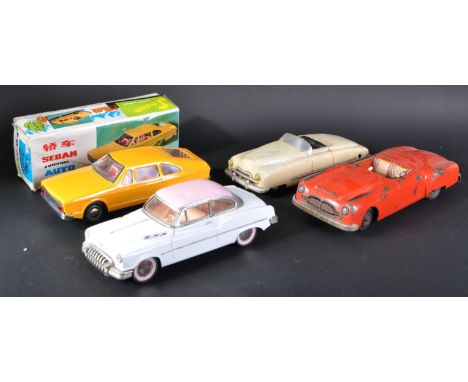 A collection of x4 vintage tinplate clockwork and friction motor cars comprising; x2 West German JNF clockwork examples, Chin