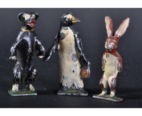A set of original vintage 1920s Pixyland-Kew ' The Children's Pets ' Pip, Squeak and Wilfred lead toy figurines. Age related 