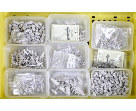 A large collection of vintage cast metal wargaming figure accessories, likely 1/300 scale comprising war planes, trees and di
