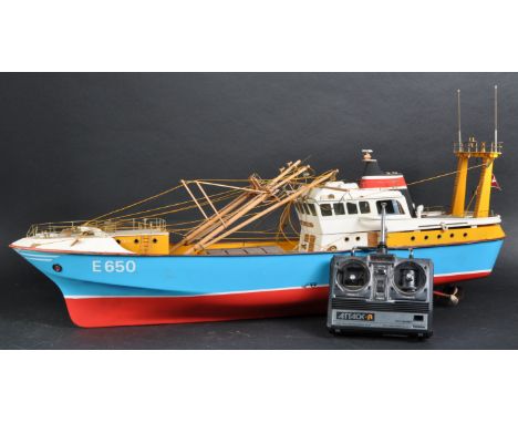 A large scale scratch built RC Radio Controlled model of a fishing trawler boat.&nbsp;The model of wooden construction with h