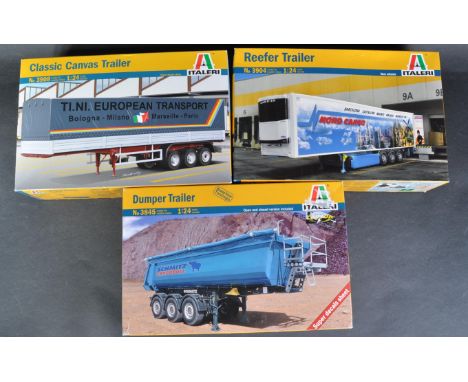 A collection of x3 Italeri 1/24 scale plastic model kits comprising; 3908Classic Canvas Trailer, 3845 Dumper Trailer and 3904