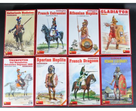 A collection of x8 assorted 1/16 scale Miniart ' Historical Figures Series ' plastic model kits. The kits comprising model so