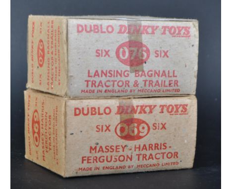 Two vintage Dublo Dinky 076 Lansing Bagnall Tractor &amp; Trailer empty trade / ex-shop stock boxes. Model number and descrip