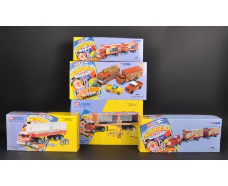 A collection of x5 assorted Corgi made Chipperfields Circus boxed diecast models to include; 11201 ERF KV Artic with cages, L