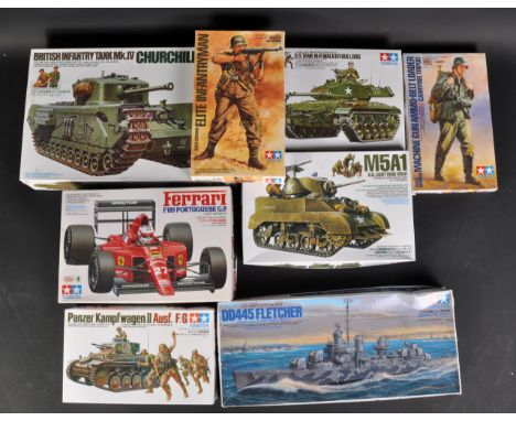 A collection of assorted scale Tamiya plastic model kits, largely of Military interest. Models to include; British Infantry T