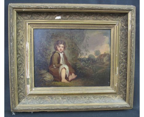 18TH CENTURY BRITISH SCHOOL, (late 18th/early 19th Century), portrait of an urchin with bag of berries hiding near a cottage,
