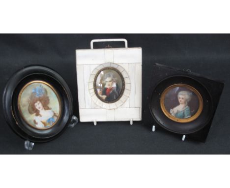 THREE FRAMED MINIATURES to include: portrait of Ludwig van Beethoven on ivory, 6 x 5cm approx.; portrait of Lady Sheffield, b