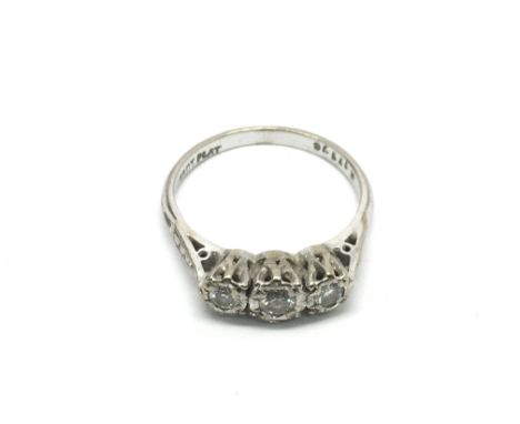 An 18ct white gold and platinum ring set with three diamonds, approx 3.5g and approx size N-O.