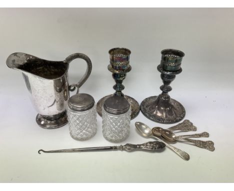 A mixed lot of silver and silver plated items. (Candlesticks 1 A/F.). 2 sterling silver candlesticks, danish silver plated ju