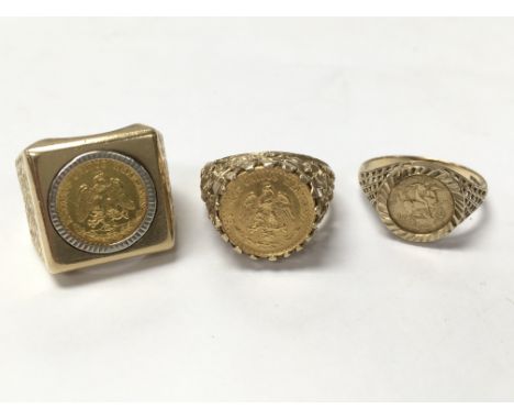 Three Mexican coin rings in 9ct gold. Weighing approximately 16.8g. The square ring size is approximately ring size o. The la