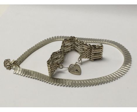 A silver gate bracelet with heart clasp together with a silvered link necklace - NO RESERVE