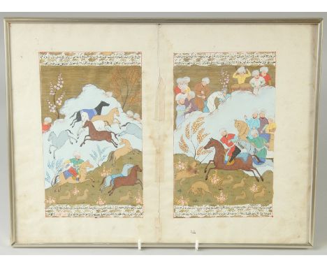 A PERSIAN ILLUMINATED DOUBLE-PAGE MANUSCRIPT, the two panels depicting hunting scenes with figures on horseback, with an insc