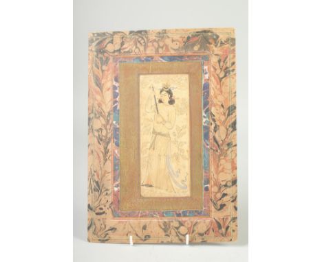 A PERSIAN MINATURE PAINTING of a figure playing a musical instrument, with gilt highlights marbled border, unframed, 32cm x 2
