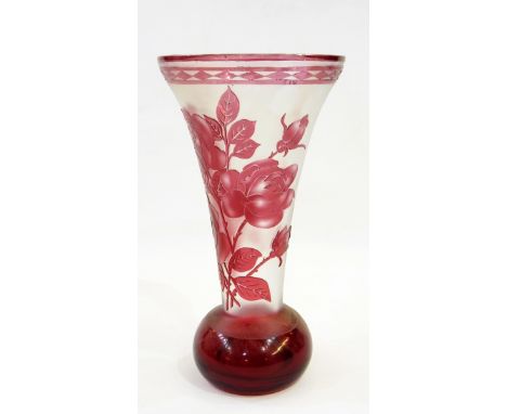 K L Morris (1885) red flashed glass trumpet-shaped vase, 25cm high 
