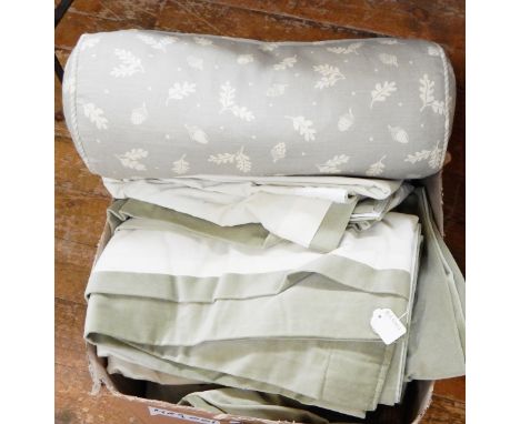 Box of various linens including a fabric covered bolster, two pairs of green curtains, etc. (1 box) 