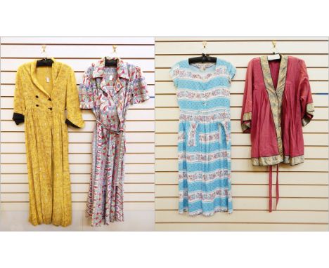 1930's short sleeved dressing gown, full-length with tie waist, another 1930's dressing gown with padded shoulders, double-br