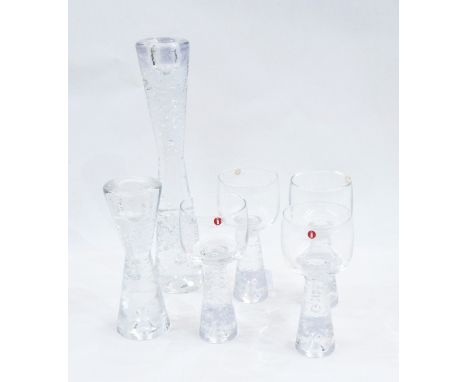 Iittala for Timo Sarpeneva large glass candlestick with bubble decoration, a miniature candlestick and four glasses together 