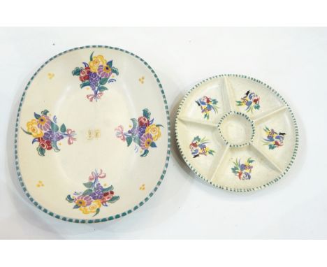 Poole pottery bread dish with hand-painted floral decoration, green dot -effect rim, signed and stamped to base, a Poole pott