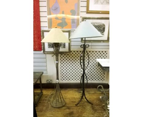 Modern standard lamp, stick-style support in brown and cream and another with black curved tripod stand (2)