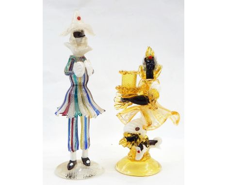 Three latticinio glass figures playing cymbals, banjo, accordion and three others - one signed Toffolo (6)