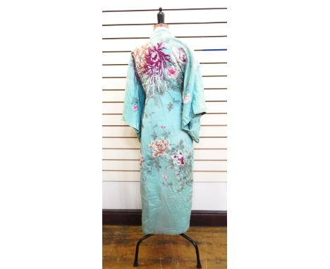 Japanese embroidered silk kimono mint green with peony and bird embroidery, integral sash (some damage)  
