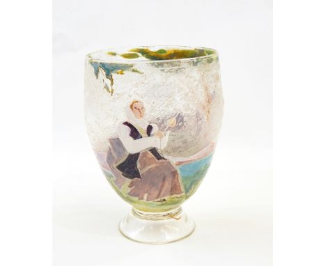 Glass vase painted with Alpine scene, man in period dress playing flute to a female, 22cm high 