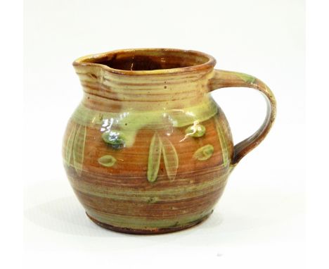 Ray Finch Winchcombe pitcher with earliest Ray Finch personal mark 1938, decorated with brushed slip decoration under green g