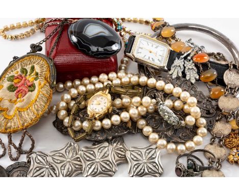 ASSORTED SILVER & COSTUME JEWELLERY including silver closed bangle, white metal bangle, silver belt buckle ring, silver nurse
