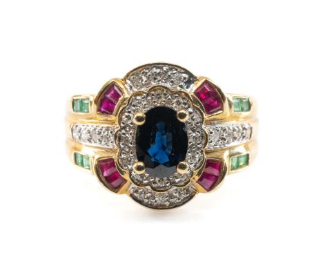 9CT MULTI-GEM RING, oval cut sapphire above diamonds, rubies and emeralds, gross wt 4.4gProvenance: deceased estate CaldicotC