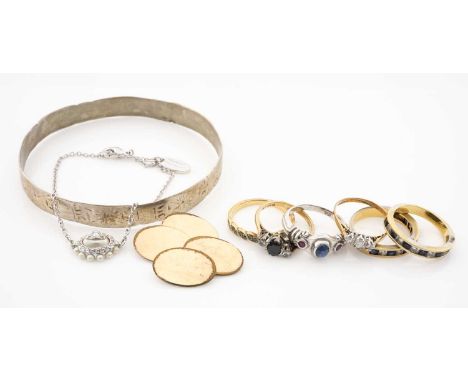 ASSORTED JEWELLERY, comprising 9ct 3-stone sapphire & diamond ring, 9ct 3-stone diamond ring, silver 3-stone cabochon sapphir